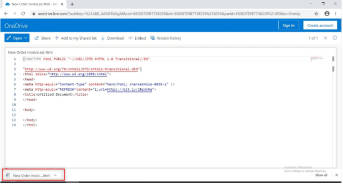Tệp html đã tải xuống sau khi nhấp vào liên kết OneDrive.