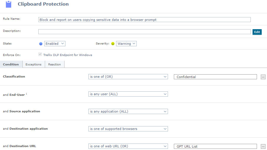 Quy tắc DLP để chặn và báo cáo dữ liệu được sao chép vào lời nhắc trình duyệt